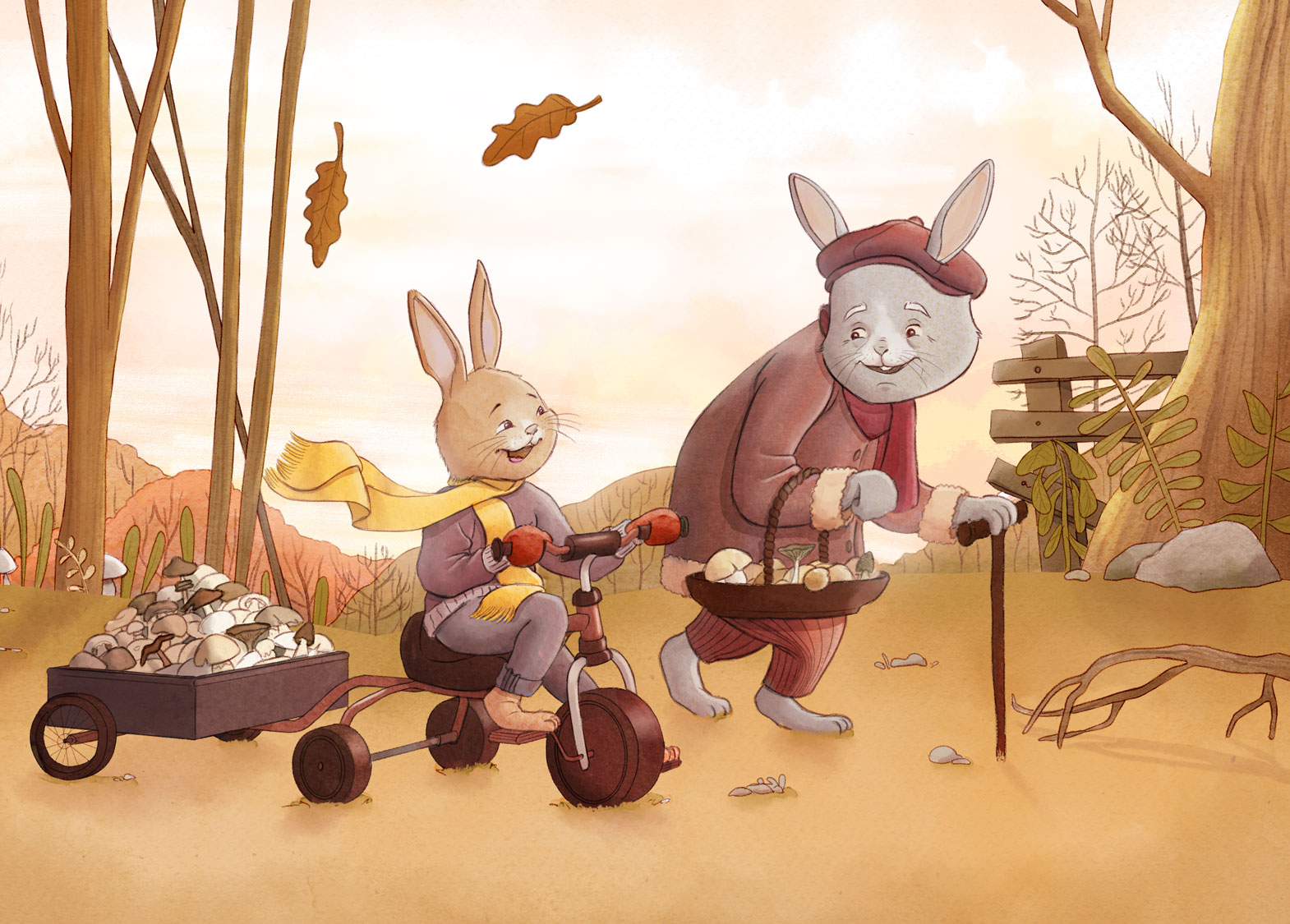 Dessin de lapins se promenant en automne