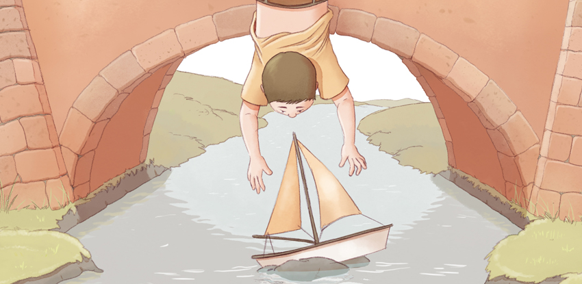 Enfant suspendu à un pont pour attraper un bateau